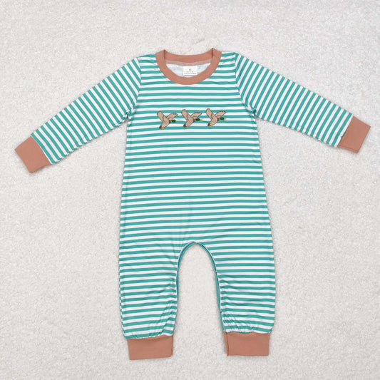 USA Shop RTS Baby Boys Infant Long Sleeves Embroidery Ducks Green Stripes Romper