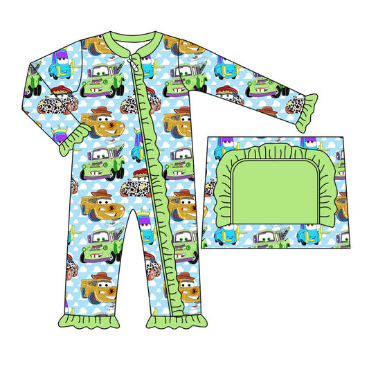 LR1623 Green Ruffle Car Cute Baby Toddler Long sleeve cute baby kid rompers