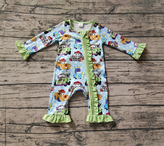 LR1623 Green Ruffle Car Baby Toddler Long sleeve cute baby kid rompers