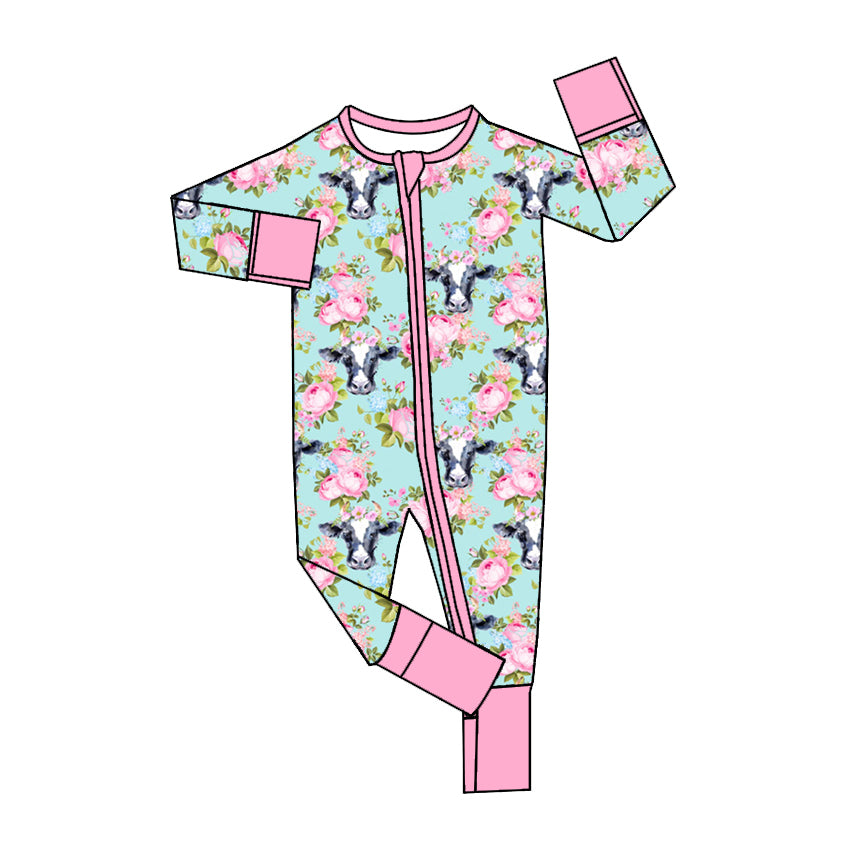 LR1647 Pink Cow Cute Baby Toddler Long sleeve cute baby kid romper