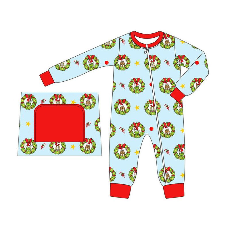 LR1665 Blue Christmas Cute Baby Toddler Long sleeve cute baby kid romper