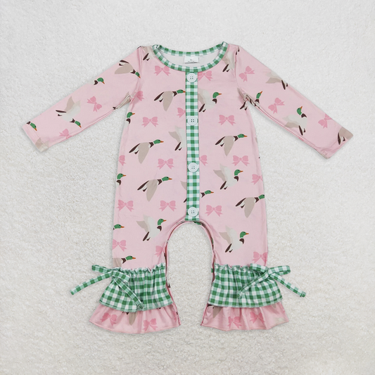 RTS NO MOQ Baby Girls Bodysuit LR1689 Pink Mallard Ducks Buttons Bows Rompers