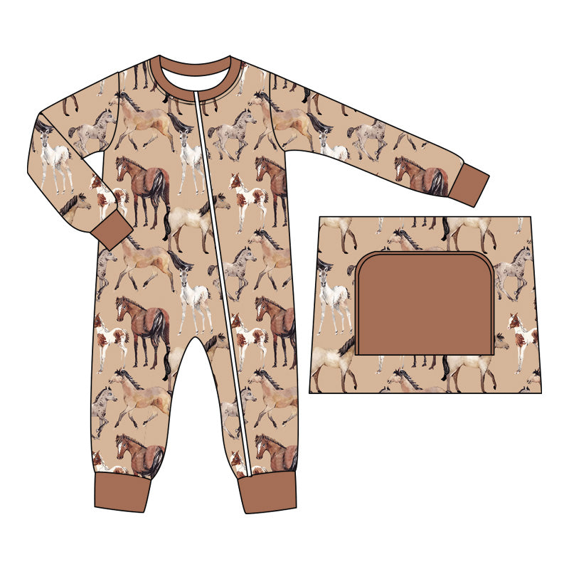 LR1772 Horse Baby Toddler Long sleeve cute baby kid romper