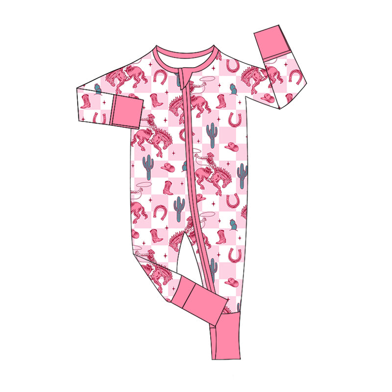 LR1773 Pink Horse Baby Toddler Long sleeve cute baby kid romper