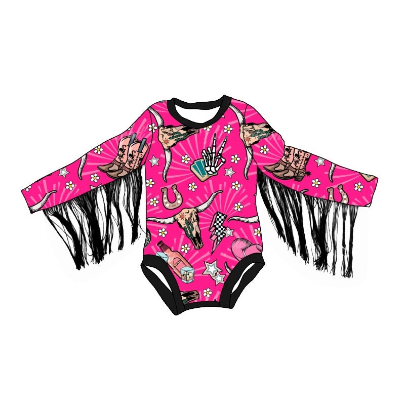 LR1823 Pink Western Design Girls Baby Toddler Long sleeve cute baby kid rompers