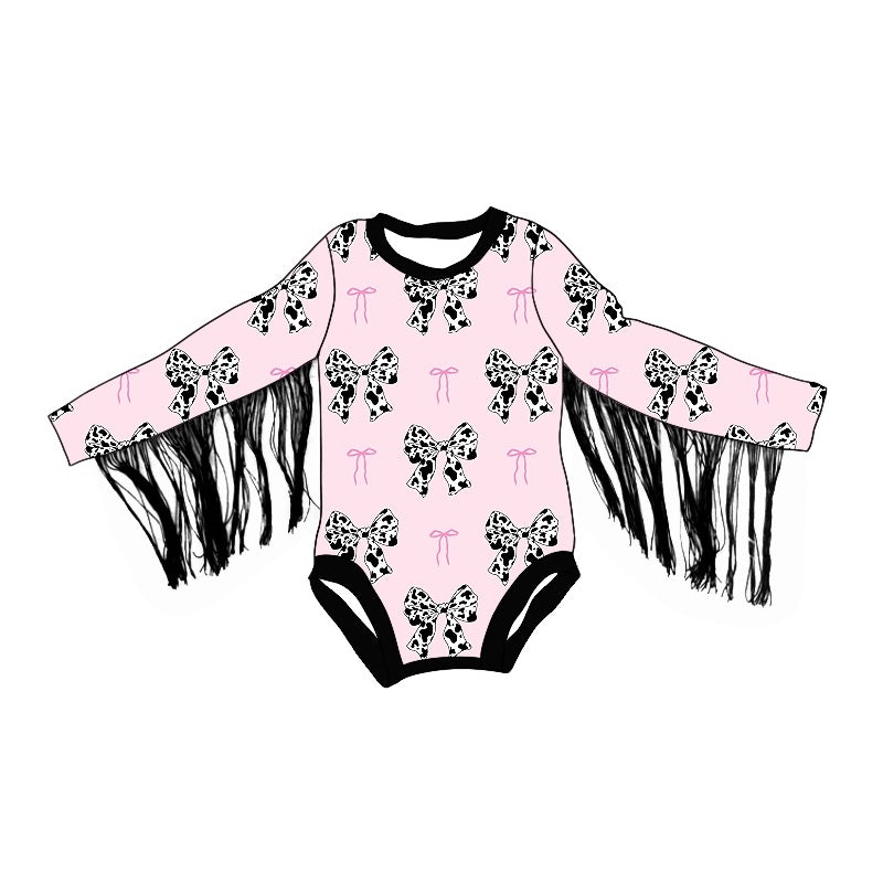 LR1824 Pink Bow Western Design Girls Baby Toddler Long sleeve cute baby kid rompers