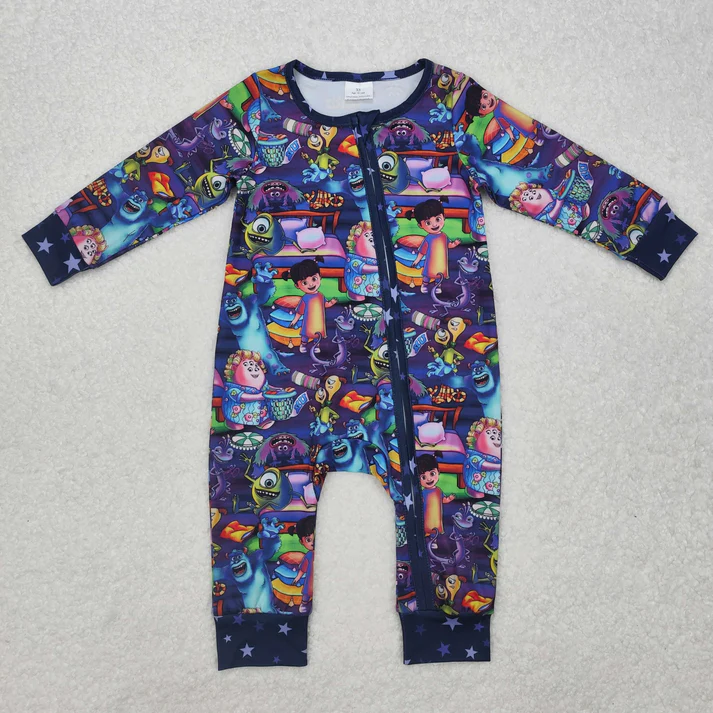 RTS NO MOQ Sibling Baby Girls Long Sleeve Monster Purple Rompers Pajamas