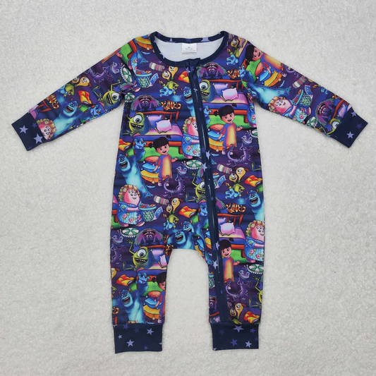 RTS NO MOQ Sibling Baby Girls Long Sleeve Monster Purple Rompers Pajamas
