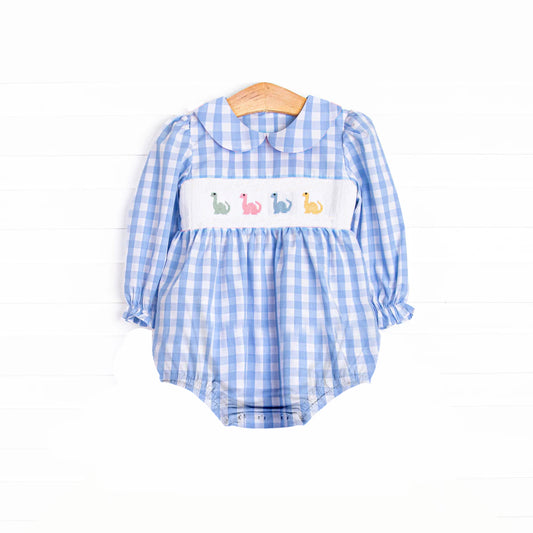 4.12 LR2178 Baby Infant Girls Blue Plaid Long Ruffle Sleeves Dinosaurs Smocked Rompers Pre order