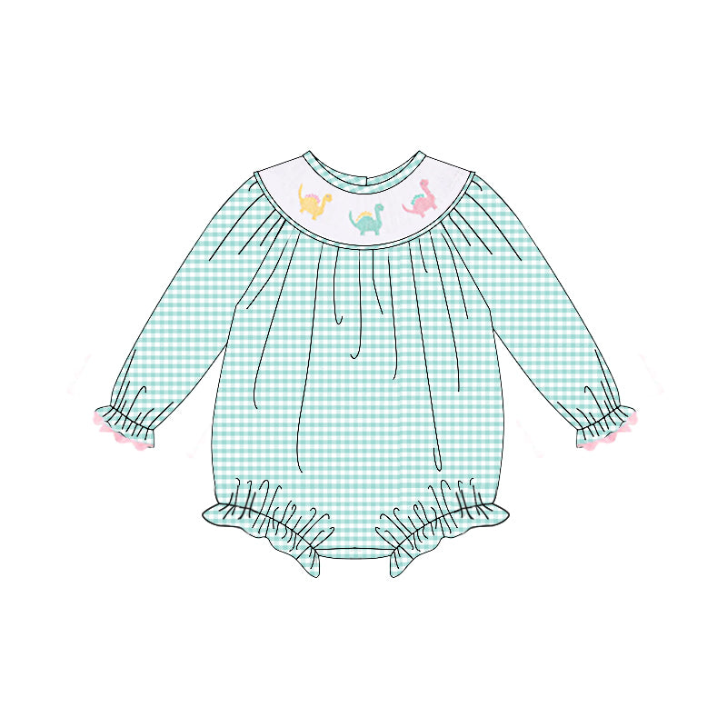 4.12 LR2179 Baby Infant Girls Aqua Plaid Long Ruffle Sleeves Dinosaurs Smocked Rompers Pre order
