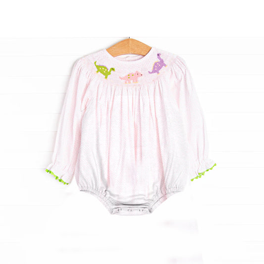 4.12 LR2180 Baby Infant Girls Pink Long Ruffle Sleeves Dinosaurs Smocked Rompers Pre order
