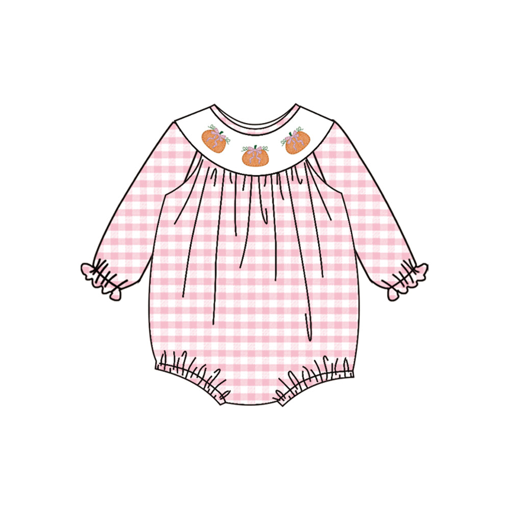 4.10 LR2181 Baby Infant Girls Pink Plaid Long Ruffle Sleeves Pumpkins Smocked Rompers Pre order