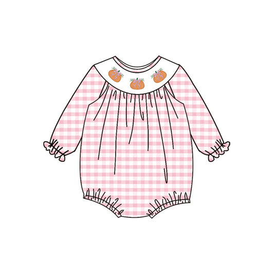 4.10 LR2181 Baby Infant Girls Pink Plaid Long Ruffle Sleeves Pumpkins Smocked Rompers Pre order