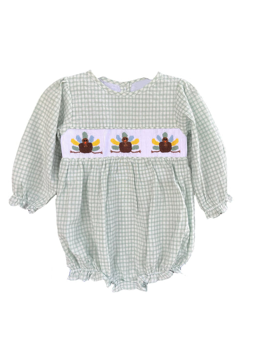 4.10 LR2182 Baby Infant Girls Aqua Plaid Long Ruffle Sleeves Turkey Smocked Rompers Pre order
