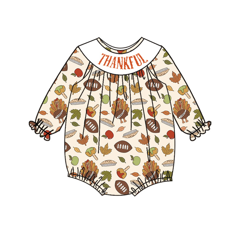 4.10 LR2183 Baby Infant Girls Long Ruffle Sleeves Turkey Footballs Smocked Rompers Pre order