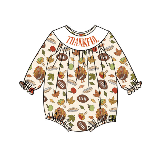 4.10 LR2183 Baby Infant Girls Long Ruffle Sleeves Turkey Footballs Smocked Rompers Pre order
