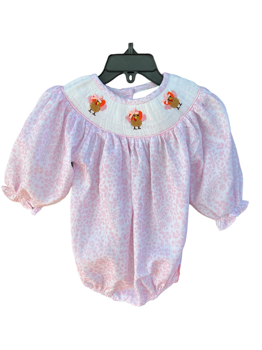 4.10 LR2184 Baby Infant Girls Pink Long Ruffle Sleeves Floral Turkey Smocked Rompers Pre order