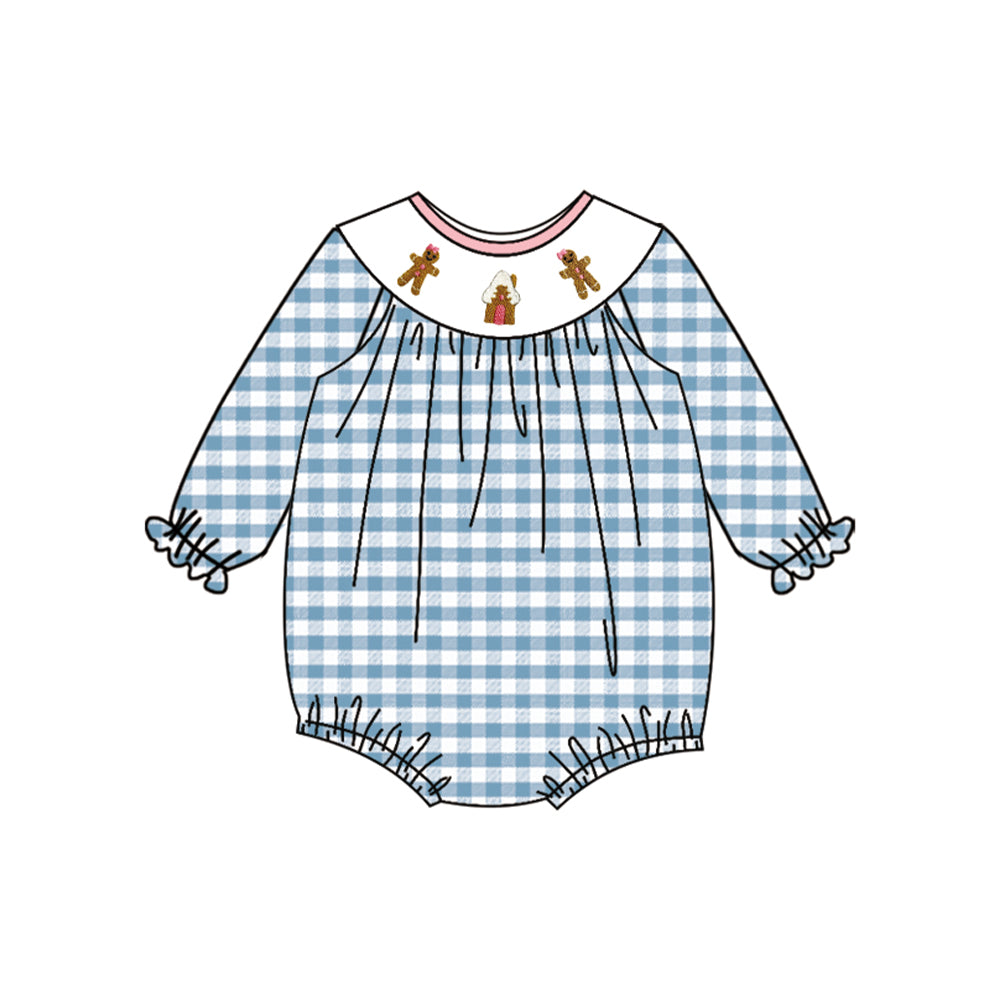 4.10 LR2186 Baby Infant Girls Blue Plaid Long Ruffle Sleeves Gingerbread Smocked Rompers Pre order