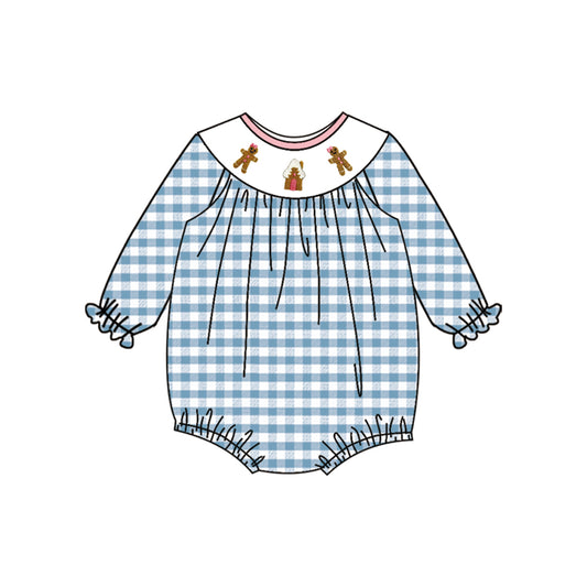 4.10 LR2186 Baby Infant Girls Blue Plaid Long Ruffle Sleeves Gingerbread Smocked Rompers Pre order