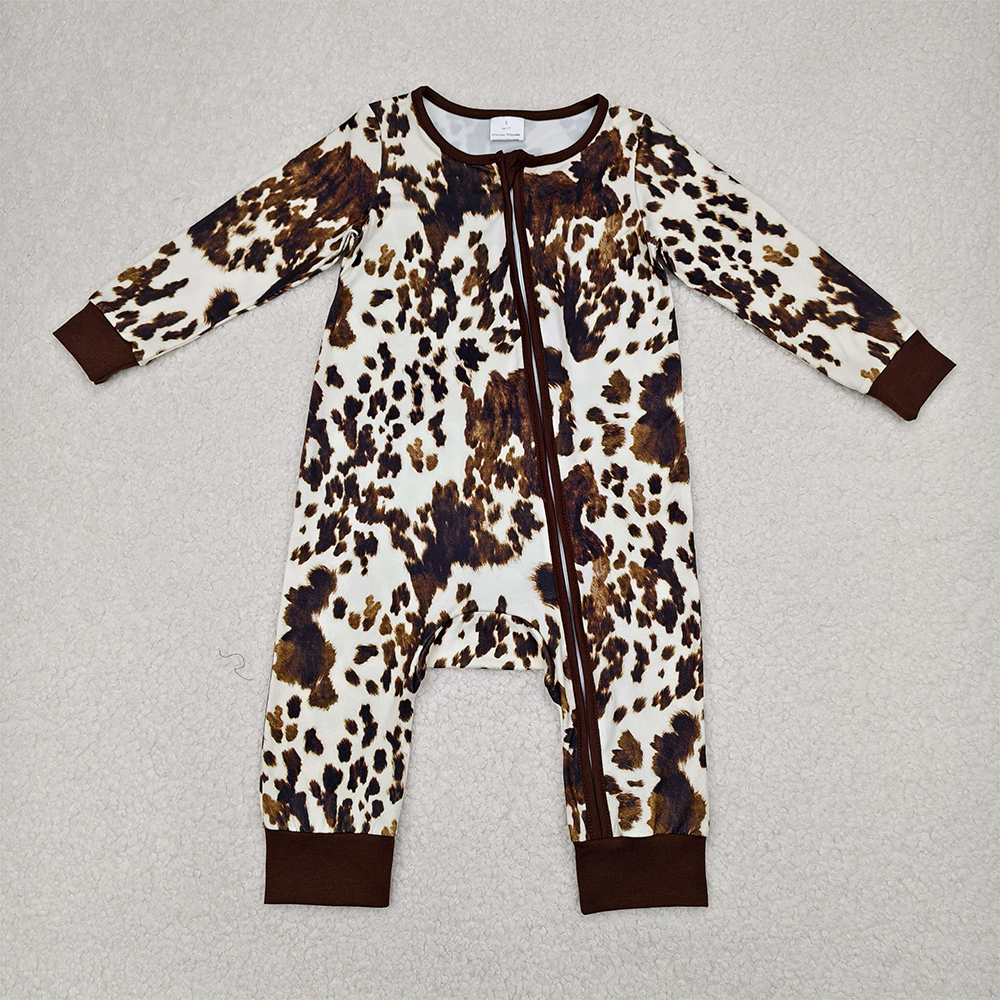 RTS NO MOQ Baby Girls Bodysuit LR2189 Cow print long sleeves Zip Rompers