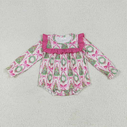 7.1 RTS NO MOQ Baby Girls Bodysuit LR2202 Long Ruffle Sleeves Christmas Trees Bows Ruffle Rompers