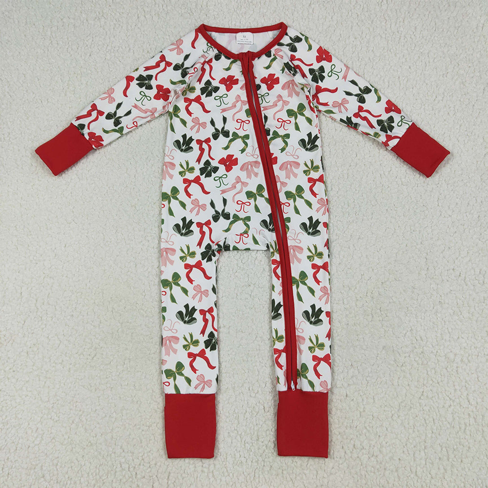 6.24 RTS NO MOQ Baby Girls Bodysuit LR2203 Christmas Red Green Bows Zipper Footie Rompers