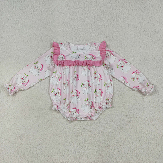 7.15 RTS NO MOQ Baby Girls Bodysuit LR2208 Christmas Pink Santa Ruffle Rompers