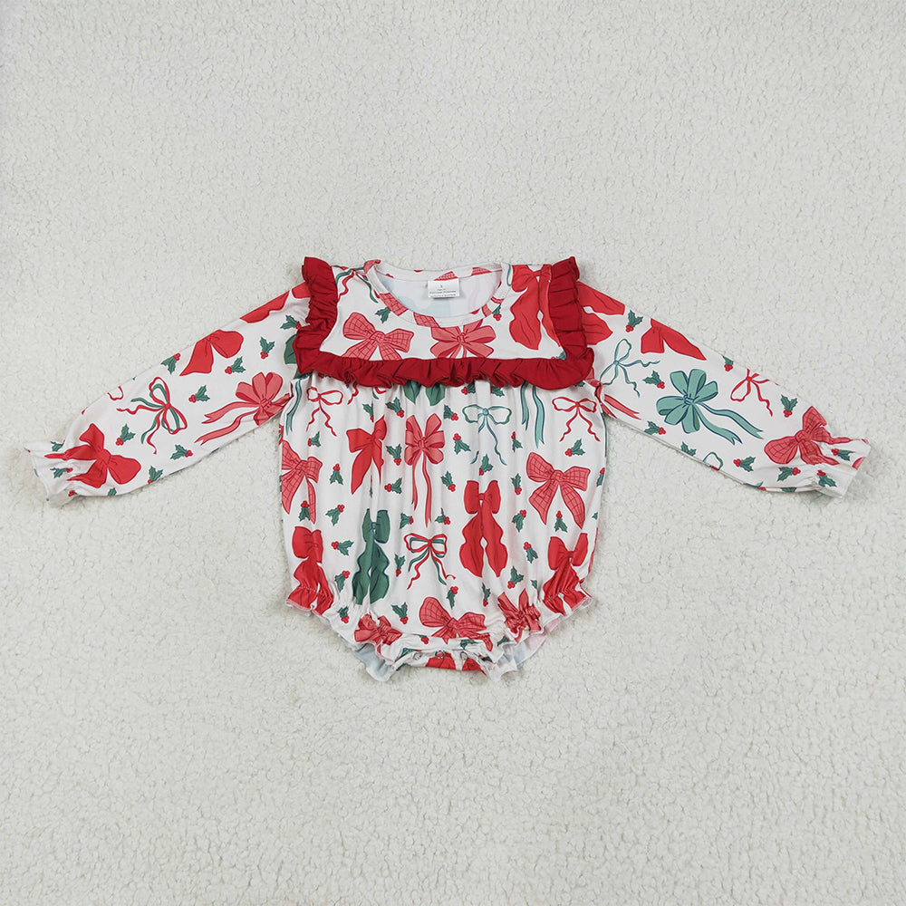 6.26 RTS NO MOQ Baby Girls Bodysuit LR2209 Christmas Red Green Bows Ruffle Rompers
