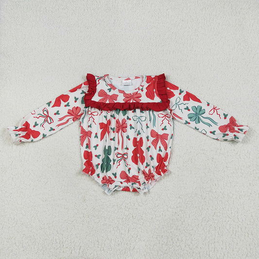 6.26 RTS NO MOQ Baby Girls Bodysuit LR2209 Christmas Red Green Bows Ruffle Rompers