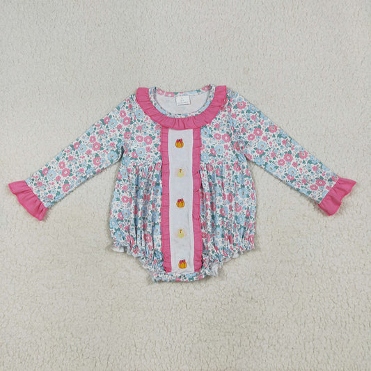 6.24 RTS NO MOQ Baby Girls Bodysuit LR2219 Embroidery Long Sleeves Turkey Pumpkins Floral Ruffle Rompers