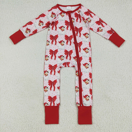 6.24 RTS NO MOQ Baby Girls Bodysuit LR2223 Christmas Red Santa Bows Footie Zipper Rompers
