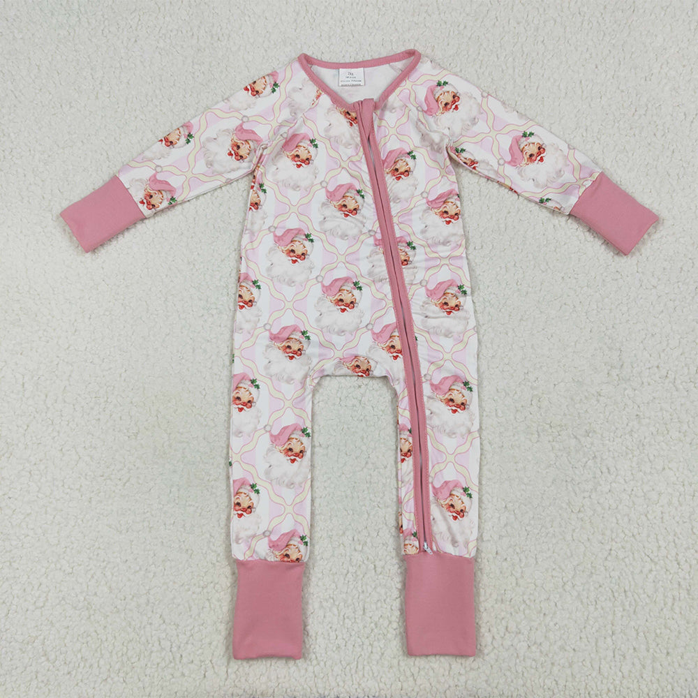 6.18 RTS NO MOQ Baby Girls Bodysuit LR2224 Christmas Pink Santa Plaid Zipper Footie Rompers