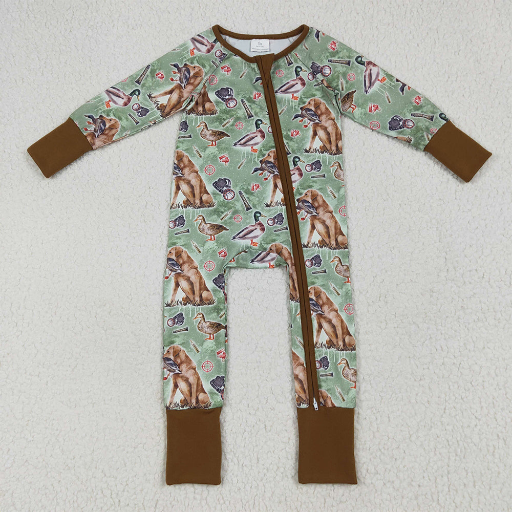 7.1 RTS NO MOQ Baby Boys Bodysuit LR2234 Green Dog Ducks Hunting Zipper Footie Rompers
