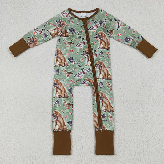 7.1 RTS NO MOQ Baby Boys Bodysuit LR2234 Green Dog Ducks Hunting Zipper Footie Rompers