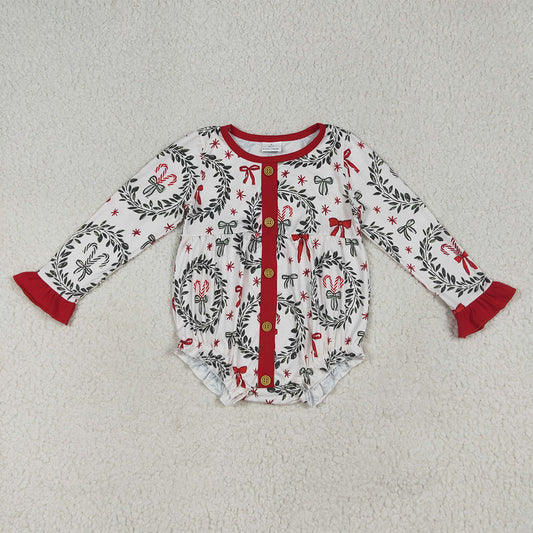7.15 RTS NO MOQ Baby Girls Bodysuit LR2252 Christmas Red Green Bows Button Ruffle Rompers