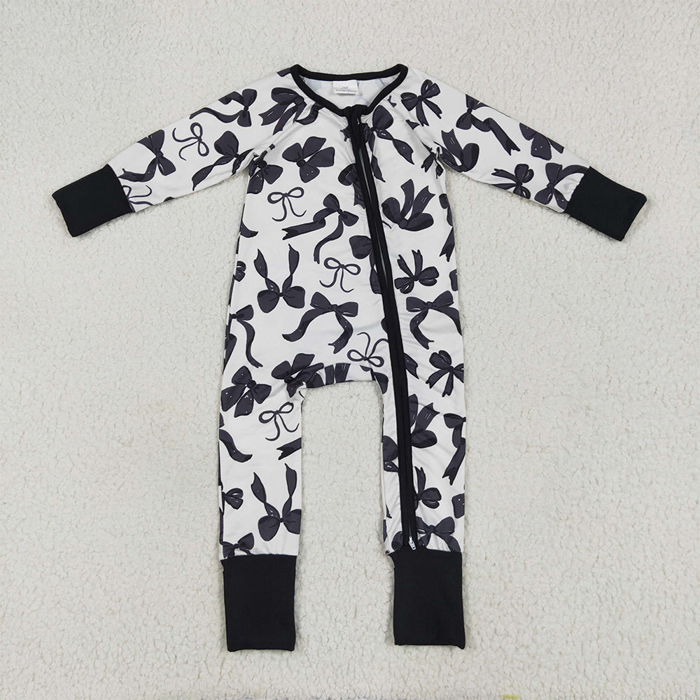 6.12 RTS NO MOQ Baby Girls Bodysuit LR2253 Long Sleeve Footie Black Bows Zipper Rompers