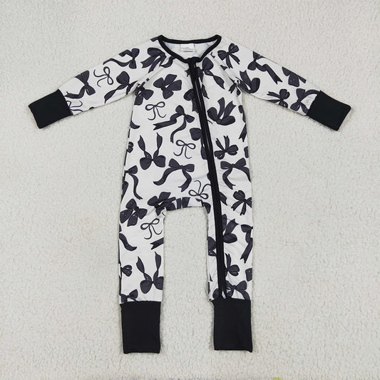 6.12 RTS NO MOQ Baby Girls Bodysuit LR2253 Long Sleeve Footie Black Bows Zipper Rompers