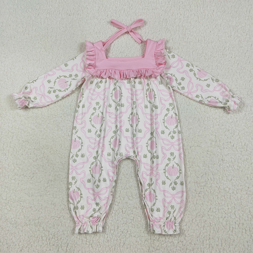 7.15 RTS NO MOQ Baby Girls Bodysuit LR2255 Long Ruffle Sleeves Pink Pumpkins Bows Plaid Pant Rompers