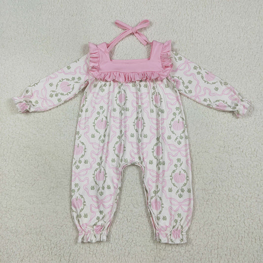 7.15 RTS NO MOQ Baby Girls Bodysuit LR2255 Long Ruffle Sleeves Pink Pumpkins Bows Plaid Pant Rompers