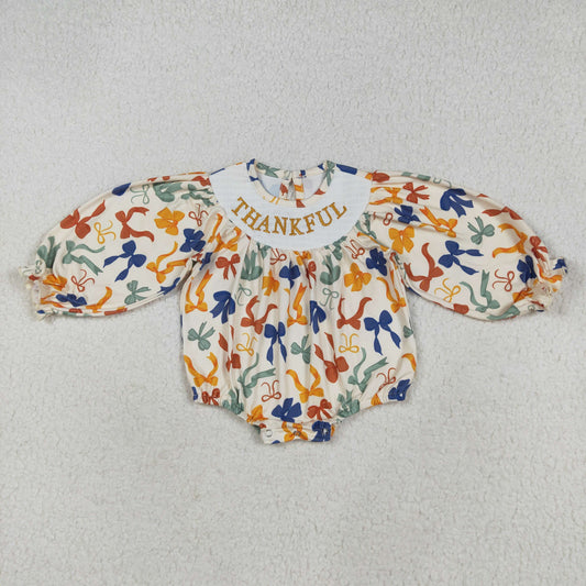 8.12 RTS NO MOQ Baby Girls Bodysuit LR2257 Smocked Thankful Colorful Bows Ruffle Rompers