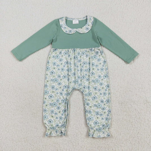7.18 RTS NO MOQ Baby Girls Bodysuit LR2258 Green Long Sleeves Floral Ruffle Pant Rompers