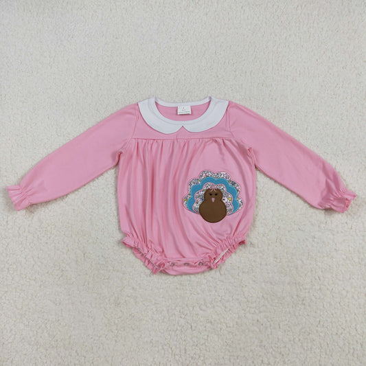 7.18 RTS NO MOQ Baby Girls Bodysuit LR2262 Pink Long Sleeves Turkey Ruffle Rompers