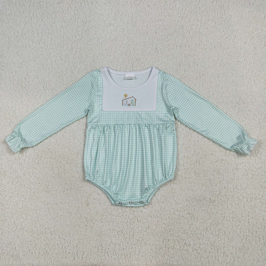 7.15 RTS NO MOQ Baby Girls Bodysuit LR2265 Aqua Plaid Christmas Jesus Bummies Rompers