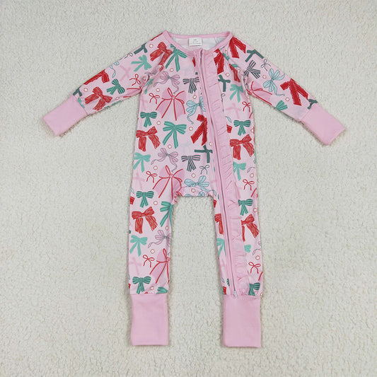 6.26 RTS NO MOQ Baby Girls Bodysuit LR2266 Pink Long Sleeves Colorful Bows Zipper Rompers