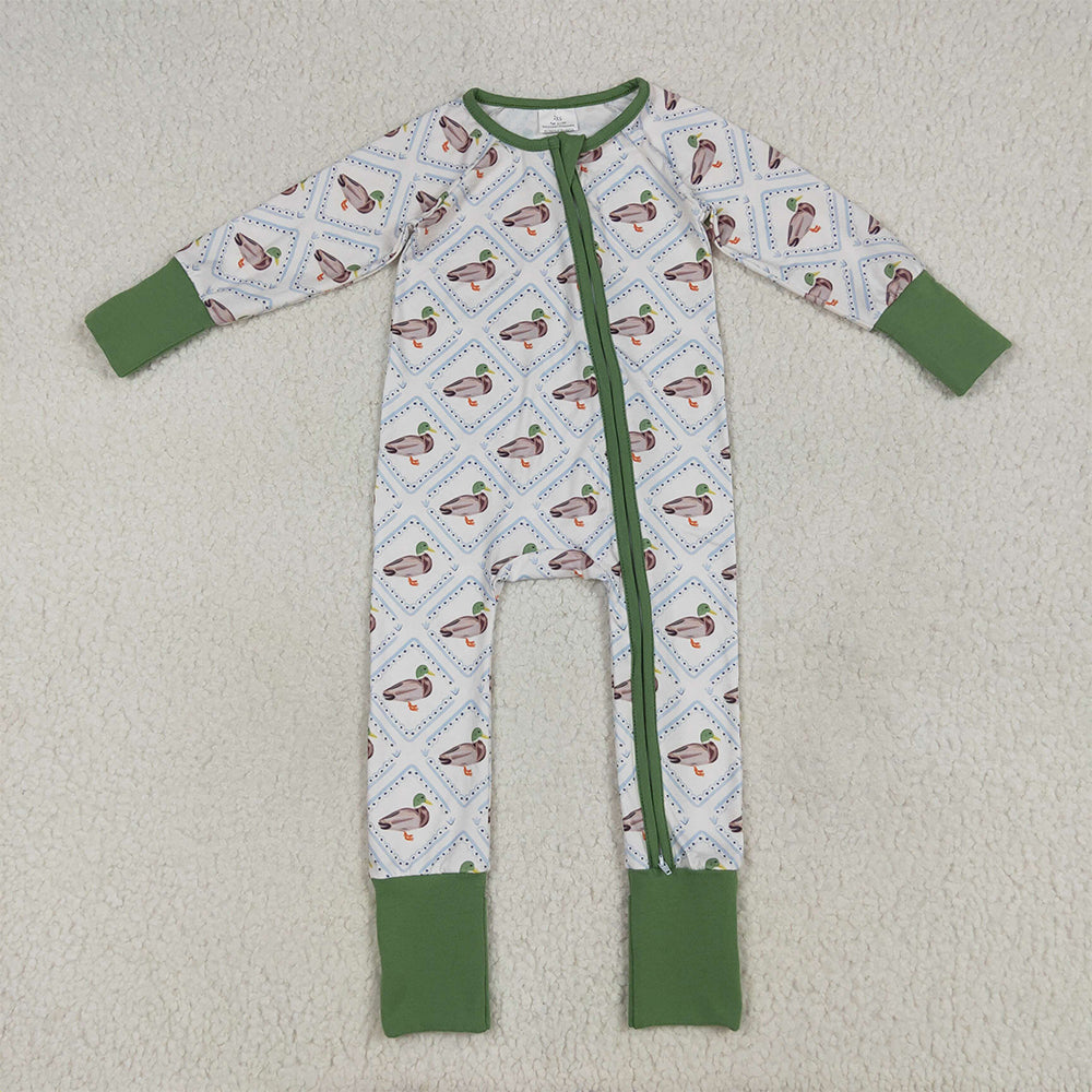 6.26 RTS NO MOQ Baby Girls Bodysuit LR2269 Long Sleeves Green Ducks Plaid Zipper Rompers
