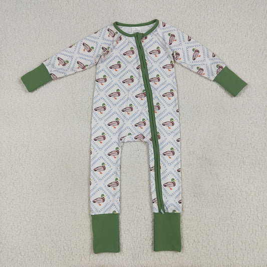 6.26 RTS NO MOQ Baby Girls Bodysuit LR2269 Long Sleeves Green Ducks Plaid Zipper Rompers
