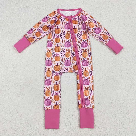 6.23 RTS NO MOQ Baby Girls Bodysuit LR2270 Hot Pink Floral Pumpkins Footie Zipper Rompers