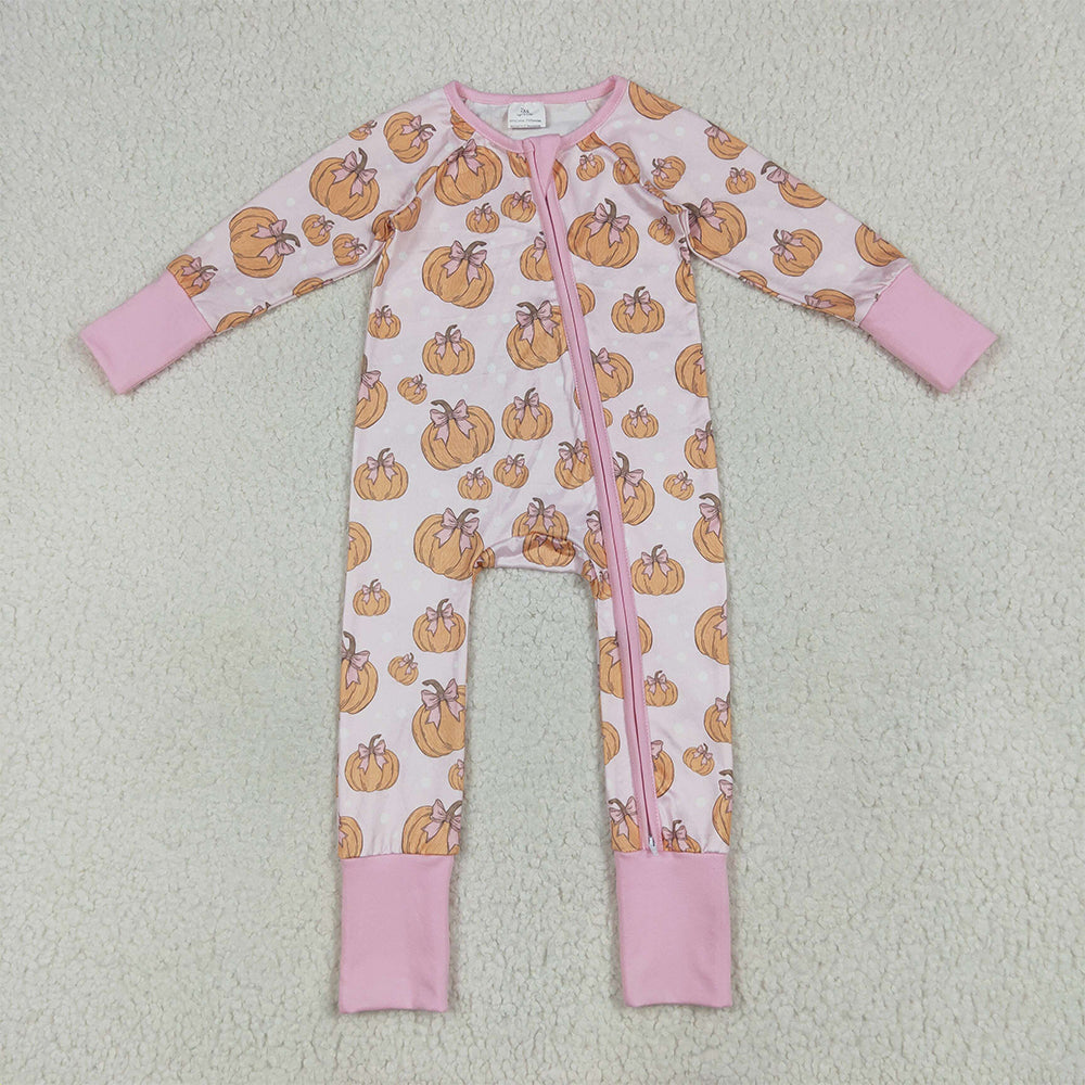 7.4 RTS NO MOQ Baby Girls Bodysuit LR2271 Long Sleeves Pink Bows Pumpkins Footie Zipper Rompers