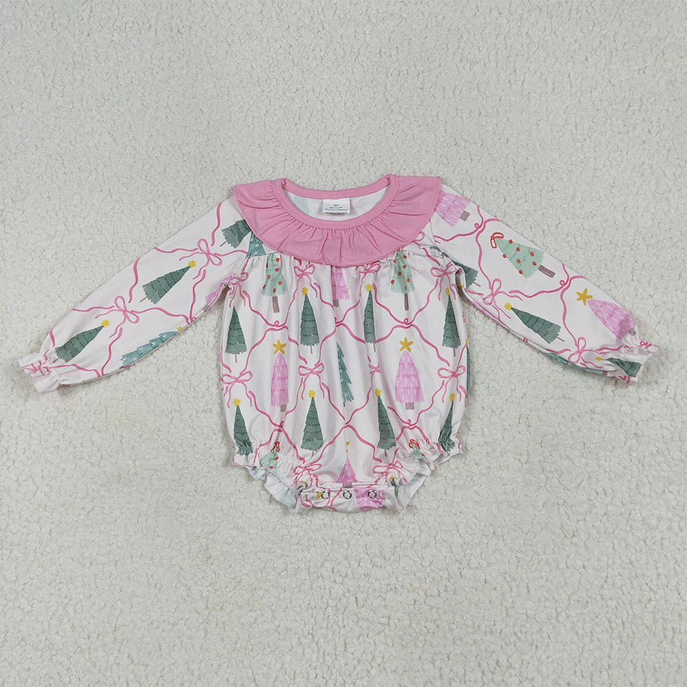7.1 RTS NO MOQ Baby Girls Bodysuit LR2275 Long Sleeves Pink Bows Christmas Trees Plaid Ruffle Rompers