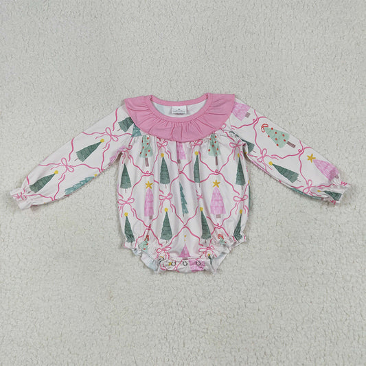 7.1 RTS NO MOQ Baby Girls Bodysuit LR2275 Long Sleeves Pink Bows Christmas Trees Plaid Ruffle Rompers